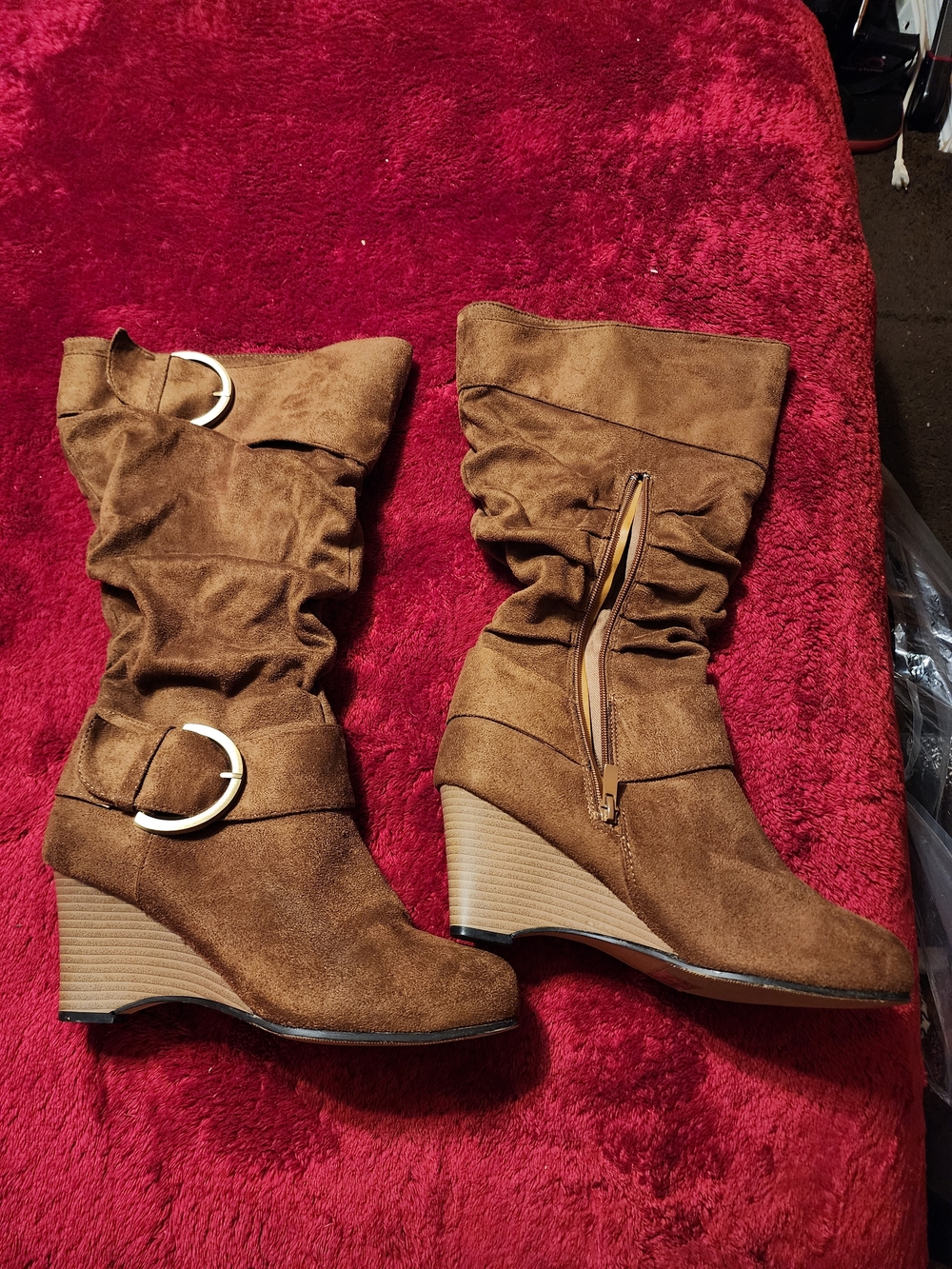Brown Faux Suede Wedge Mid-Calf Boots with Buckle Accent